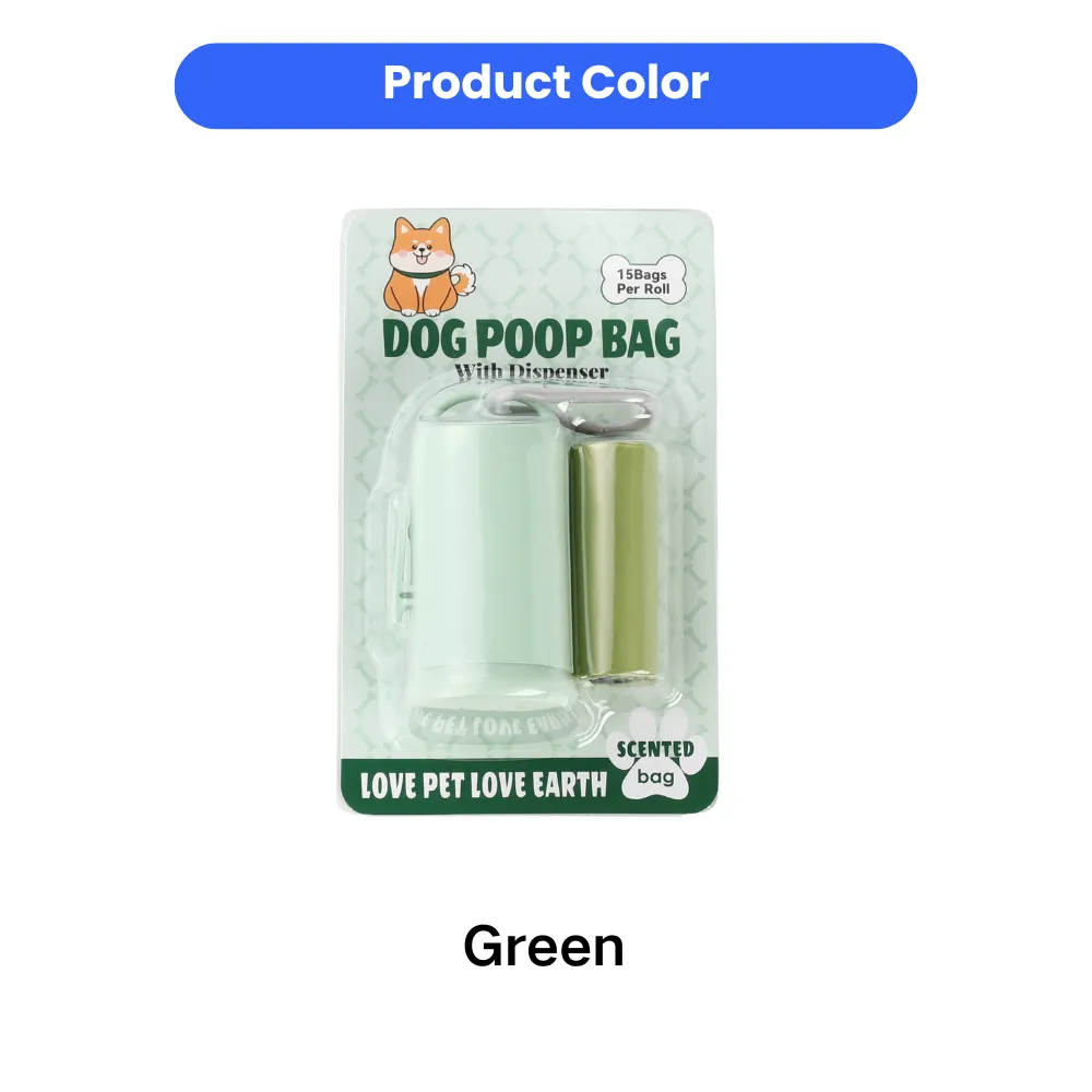 Green dog poop bag dispenser set with scented waste bags, 15 bags per roll