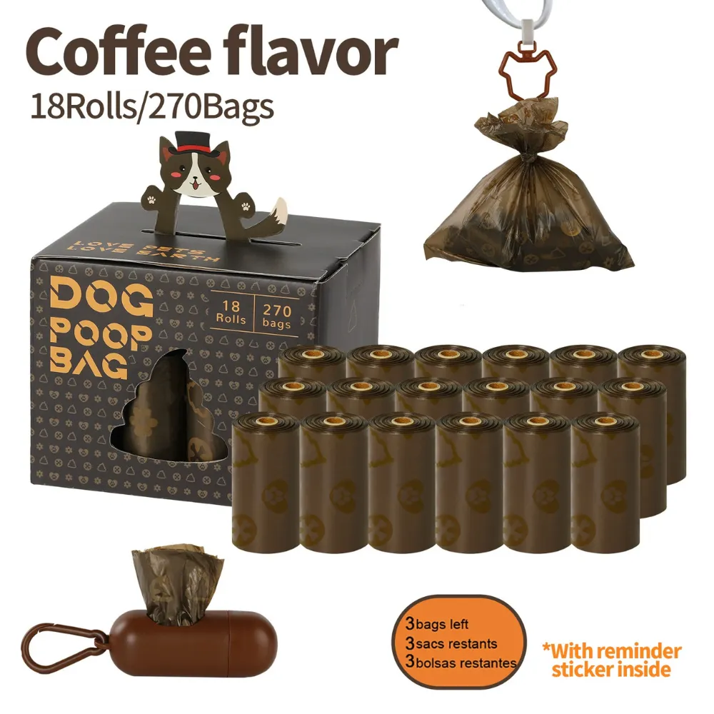 18 rolls coffee scented dog waste bags with brown dispenser, 270 bags total, suitable for pet stores and dog walkers