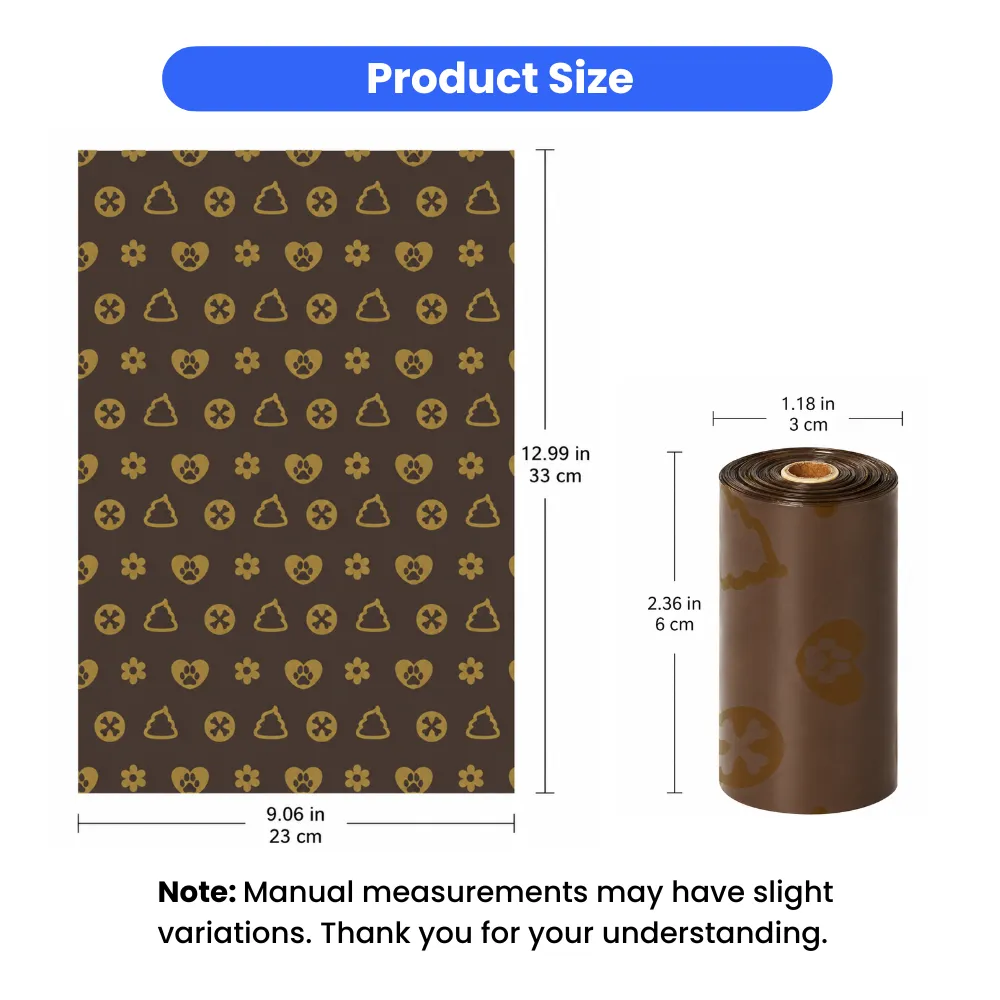 Size chart for coffee scented dog poop bags, showing bag size 9.06 x 12.99 inches and roll size for easy dispensing