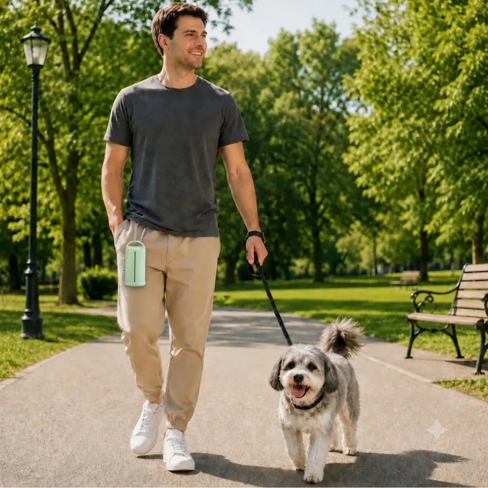 Dog owner walking a dog with green poop bag dispenser clipped to pants
