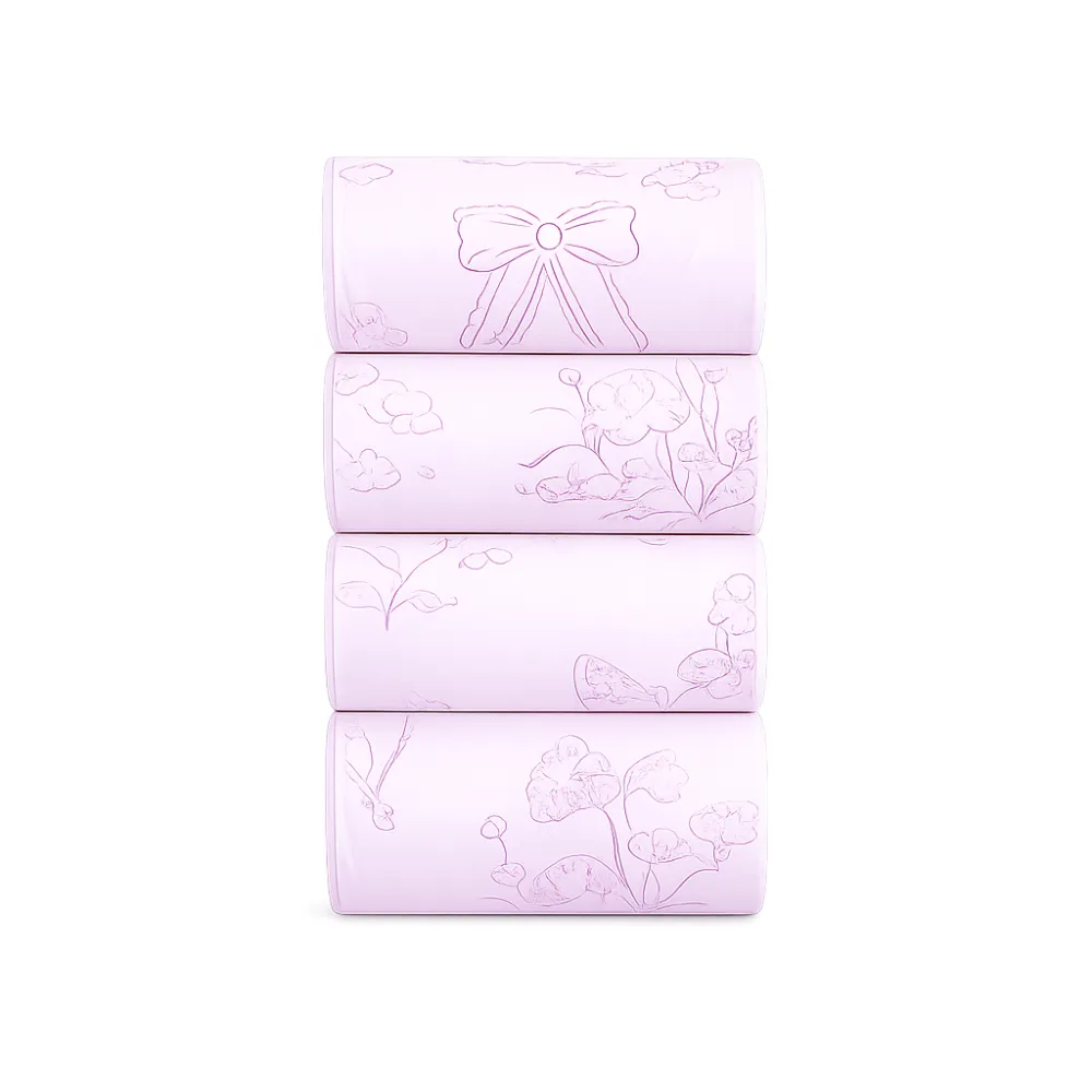 A stack of four lavender purple scented biodegradable dog poop bags with clean floral illustrations.
