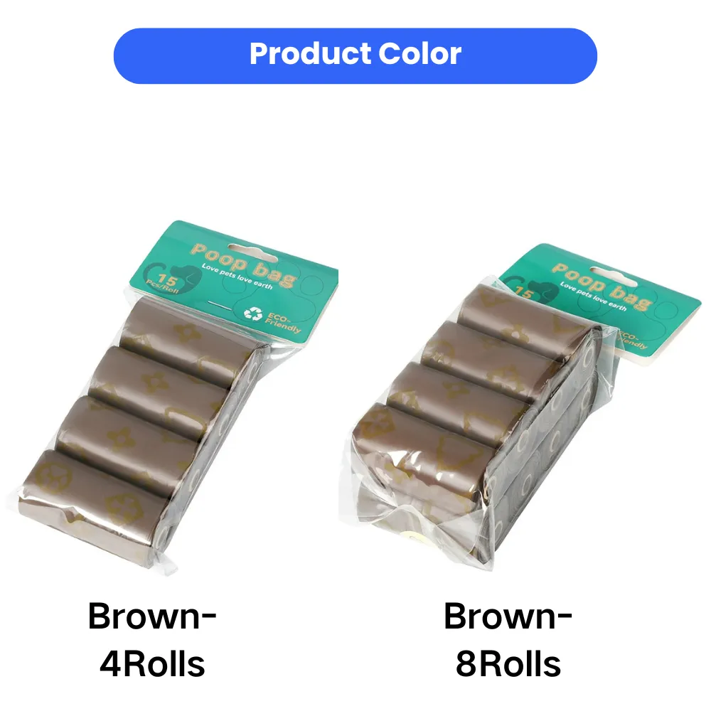 Brown dog poop bags available in 4-roll and 8-roll pack options