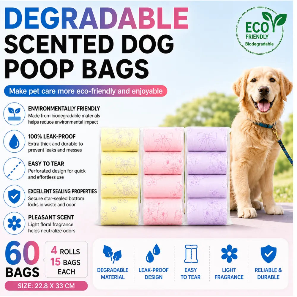 Infographic poster for degradable scented dog poop bags featuring a golden retriever, highlighting eco-friendly, leak-proof, easy to tear, and light fragrance features for 60 bags total.