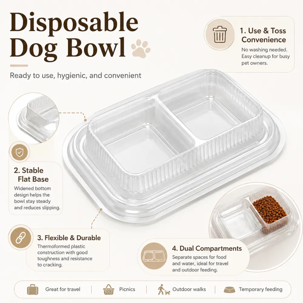 Transparent dual compartment disposable dog bowl with stable flat base and durable plastic design