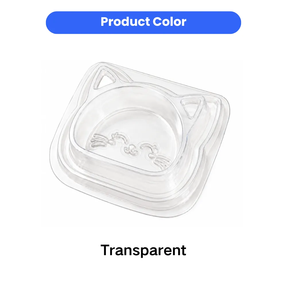 Transparent disposable cat bowl in clear color with cat-shaped feeding design