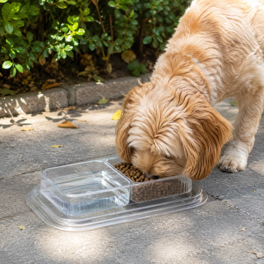 Small dog eating dry food from a transparent disposable dog bowl outdoors