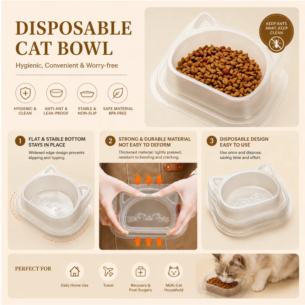Disposable transparent cat bowl filled with cat food, showing hygienic, anti-ant, leak-proof, stable and BPA-free features