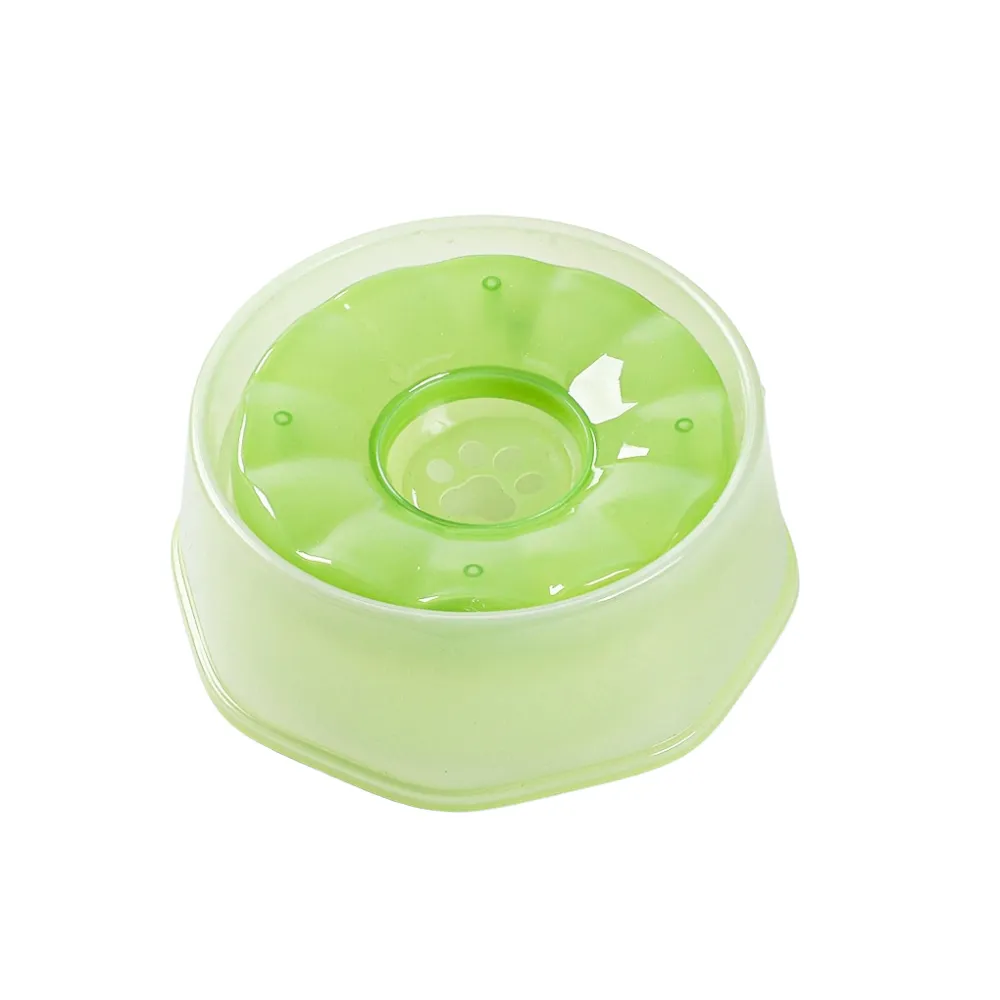 Green anti-splash floating pet water bowl with paw print center on white background