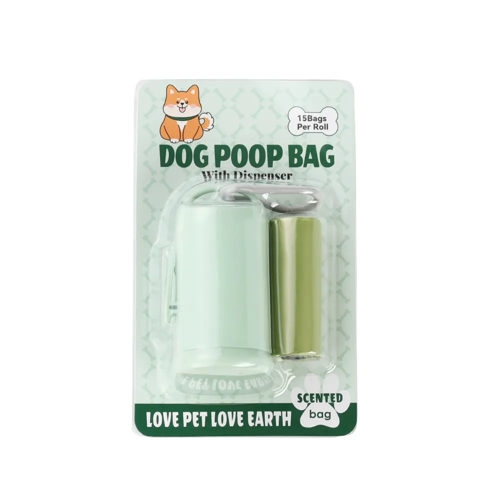 Retail-packed dog poop bag with dispenser and scented waste bag roll