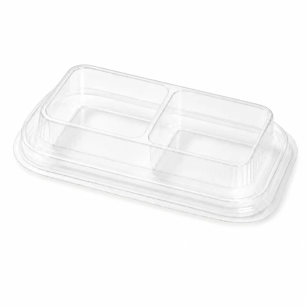 Transparent disposable dog bowl with two separate compartments on a white background