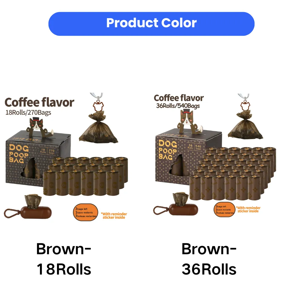 Brown coffee scented dog poop bags available in 18 rolls and 36 rolls, suitable for pet stores and dog walking supplies