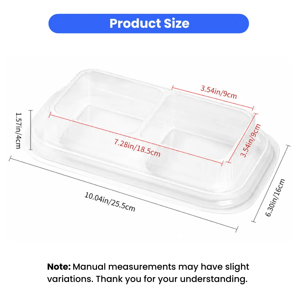 Transparent disposable dog bowl size chart showing dual compartments and 10.04 x 6.30 in base