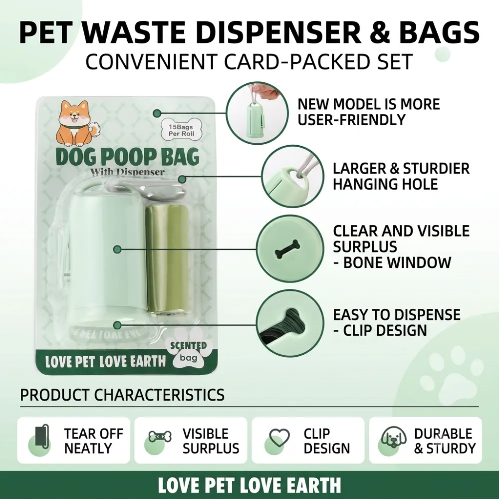 Pet waste dispenser and bags with clip design, visible surplus window, and tear-off bag feature