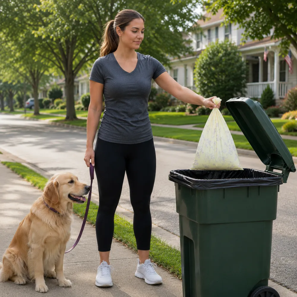A woman walking a golden retriever on a leash, disposing of a tied yellow scented pet poop bag into a green outdoor trash can.