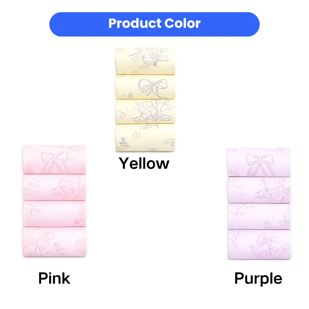 Product color options chart for scented dog poop bags showing yellow, pink, and purple varieties.