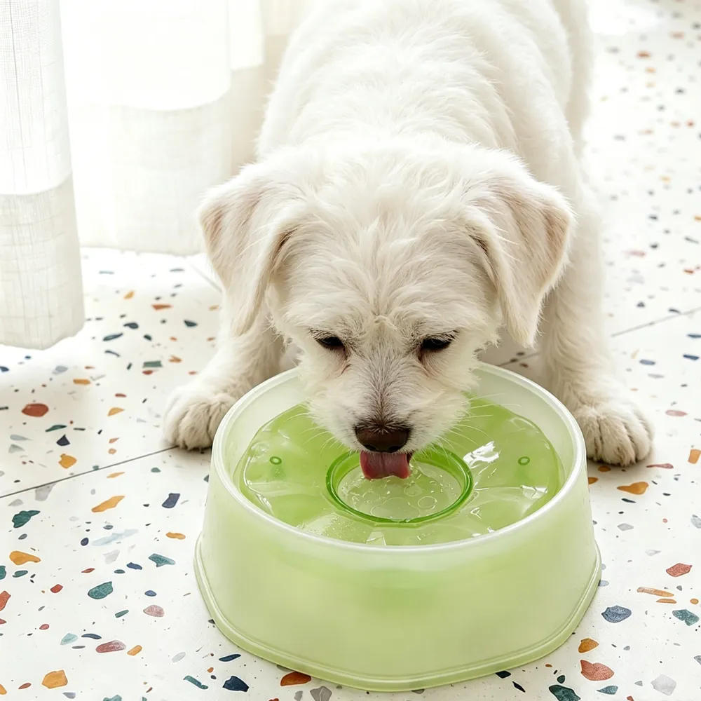 White dog drinking from green floating pet water bowl in a bright indoor room