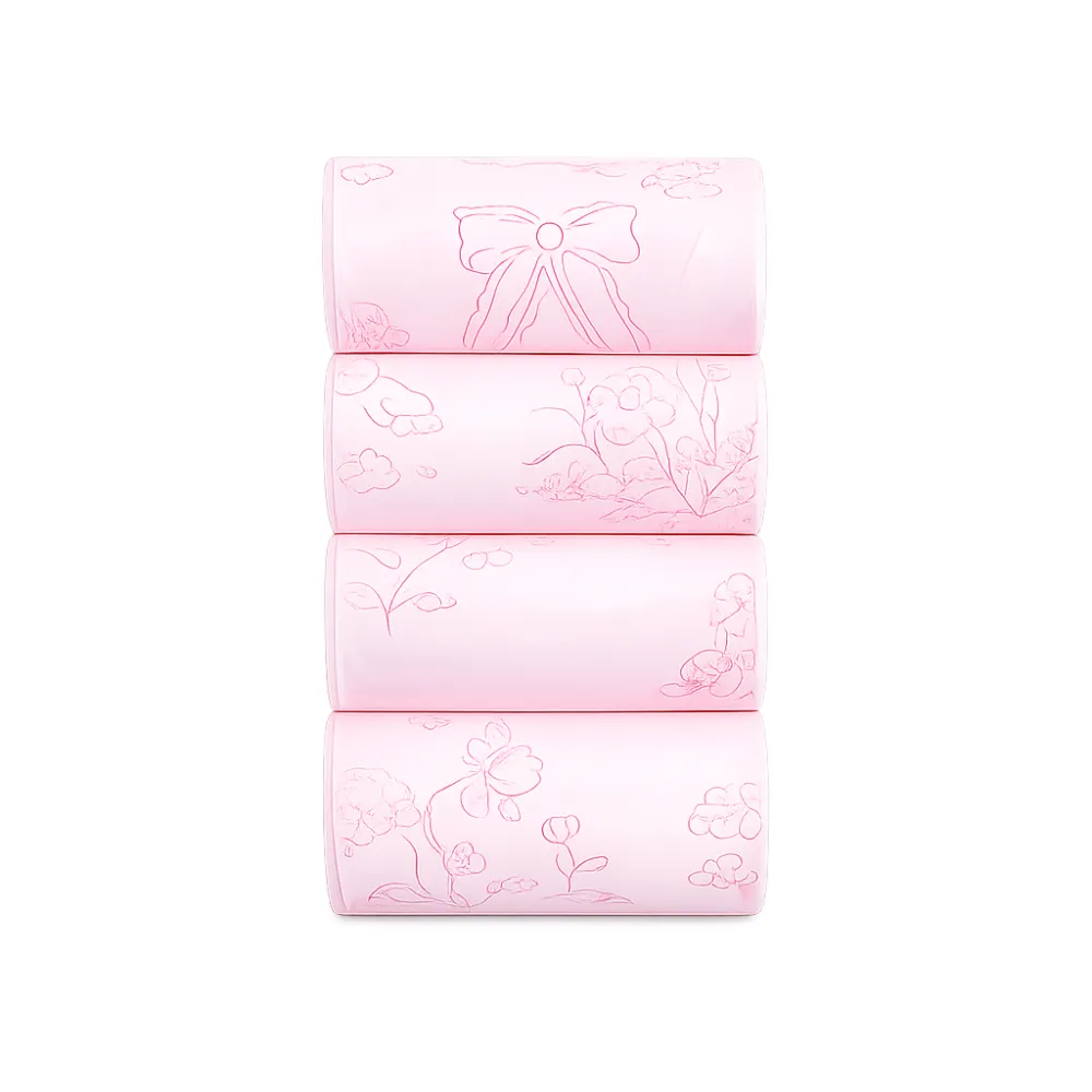 Four rolls of pastel pink scented dog poop bags featuring elegant line-art floral and bow prints.