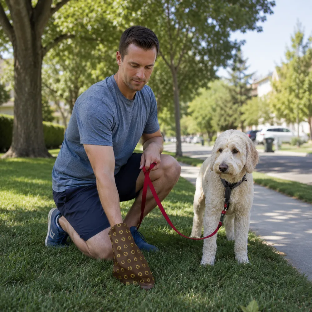 Dog owner using brown dog poop bag while walking a dog outdoors