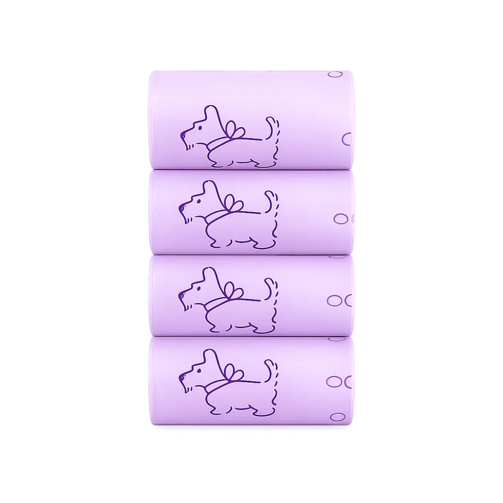 Purple Dog Poop Bags Product Display Purple dog poop bag rolls stacked on white background with cute dog pattern for pet waste cleanup.