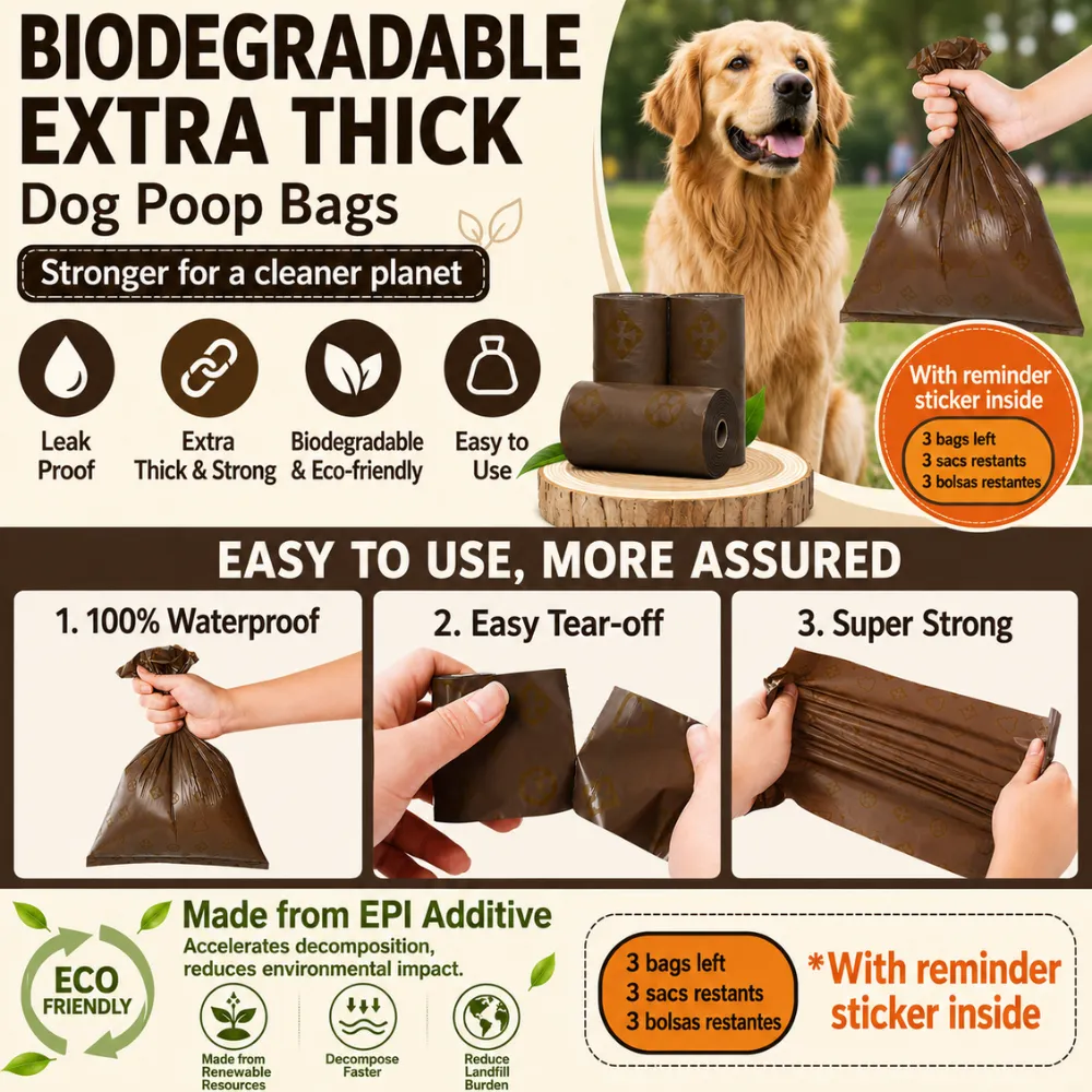 Biodegradable extra thick dog poop bags with leak proof and easy tear-off features