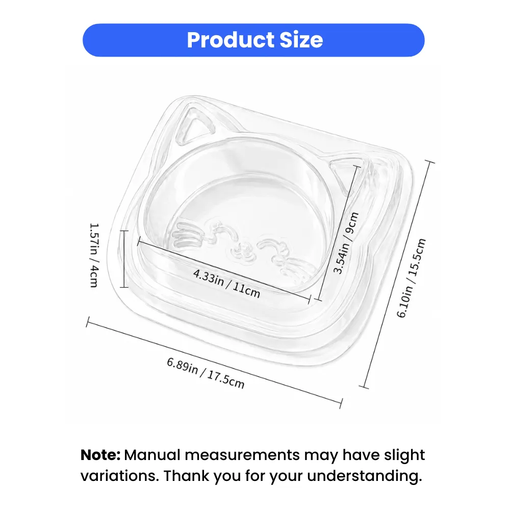 Transparent disposable cat bowl with product size measurements in inches and centimeters