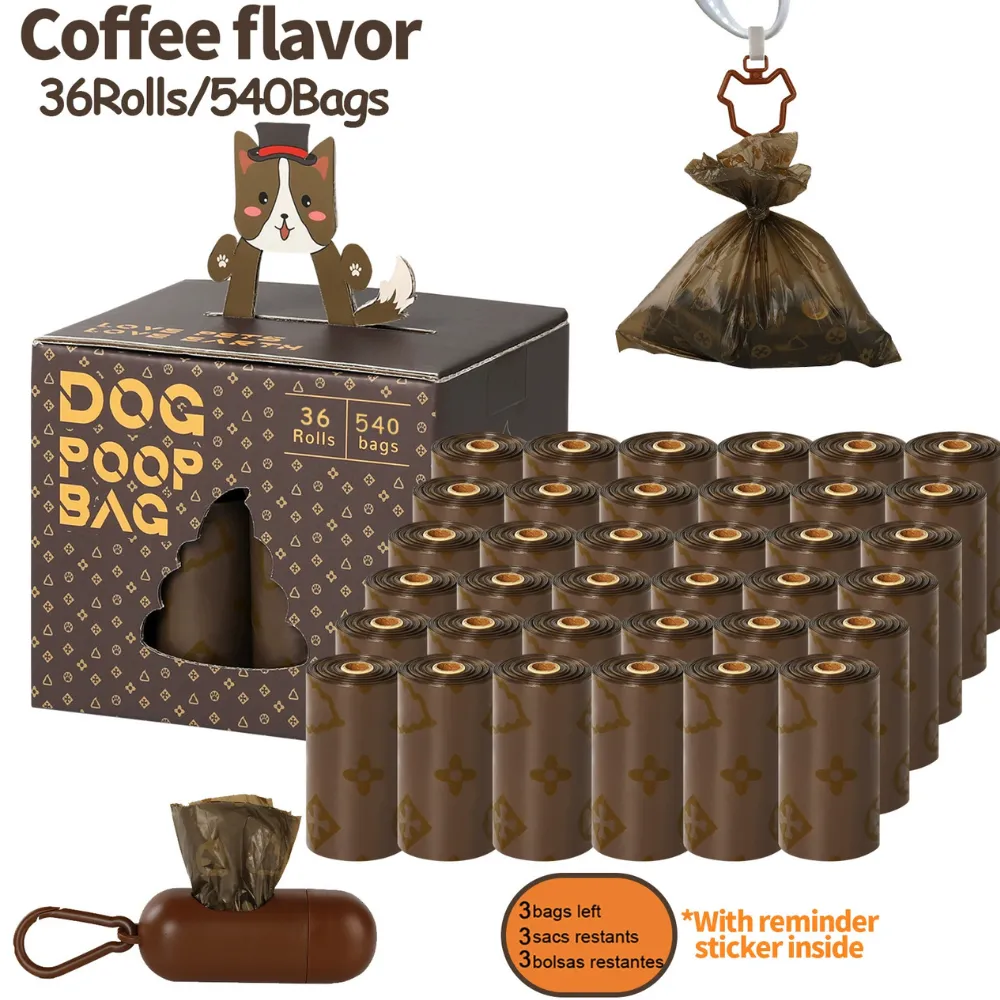 Coffee scented dog poop bags 36 rolls 540 bags, brown biodegradable bags with dispenser clip and reminder sticker