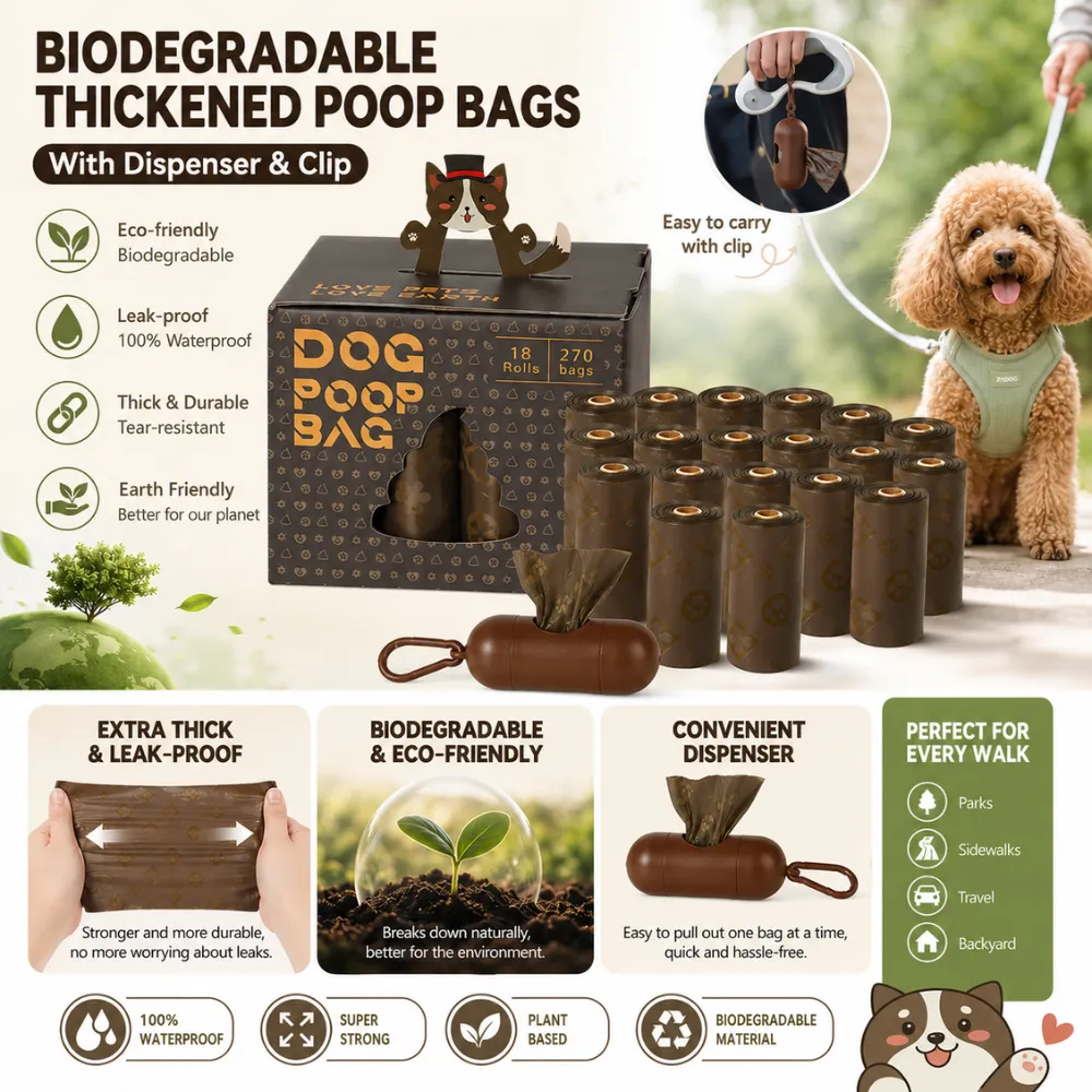 Biodegradable thickened dog poop bags with dispenser clip, leak-proof design, eco-friendly material and convenient walking use