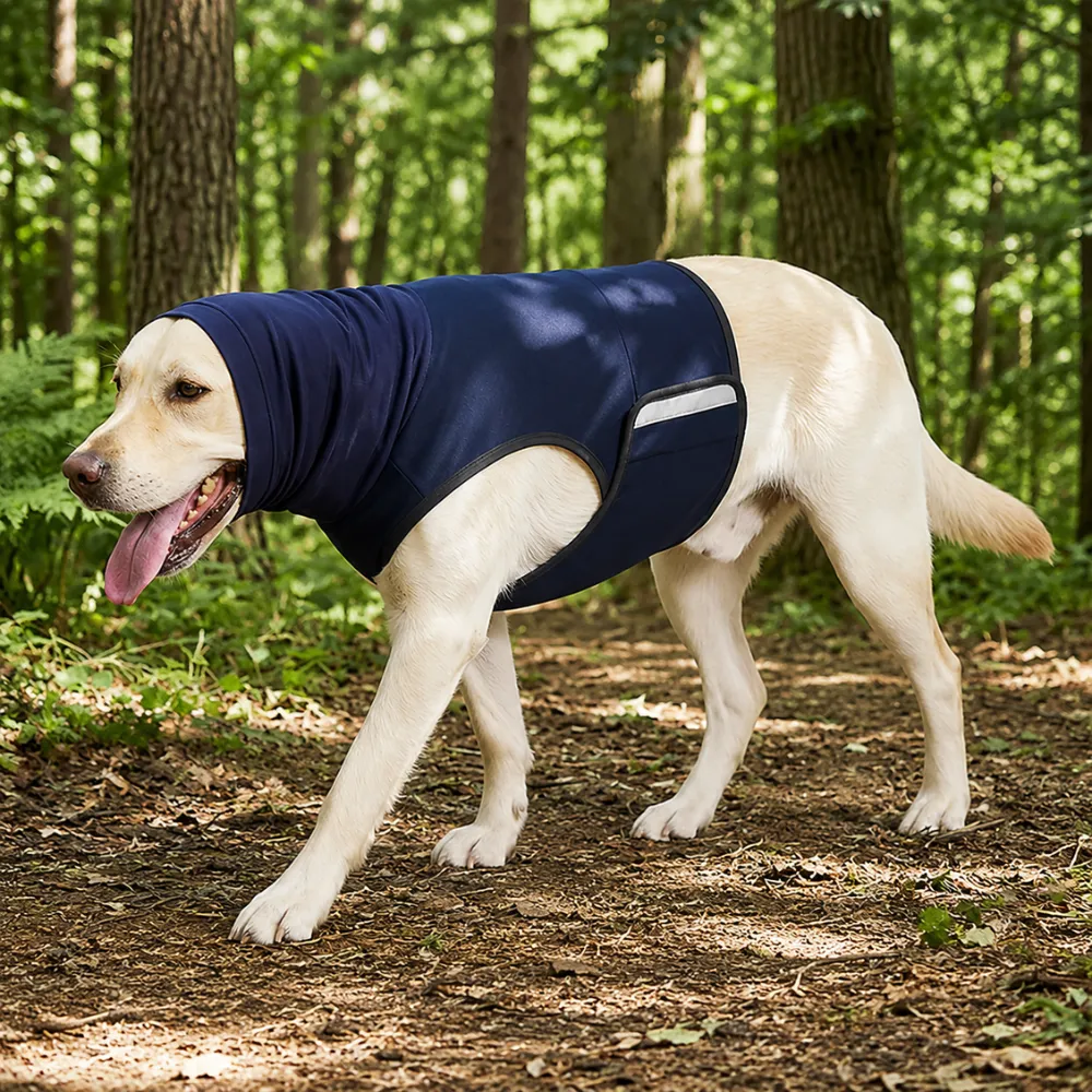 Dog wearing navy calming vest walking in forest outdoor trail reflective safety strip anxiety relief vest for dogs
