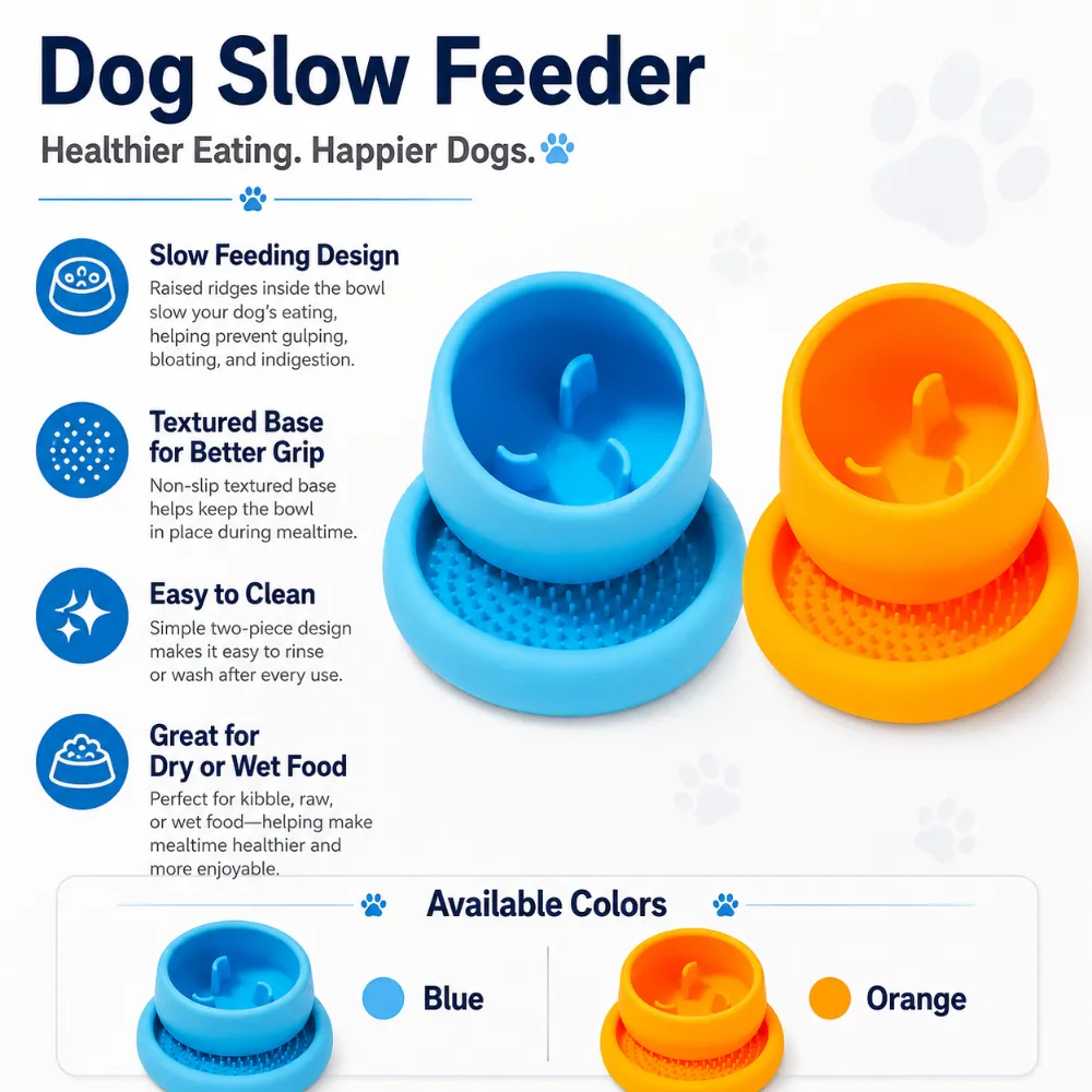 Infographic showing dog slow feeder bowl benefits including slow eating textured base and easy cleaning features