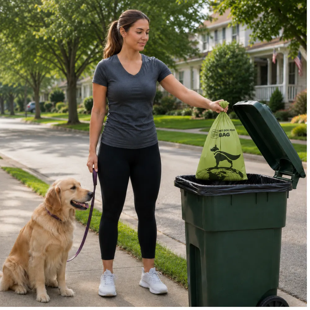 Woman using biodegradable dog poop bag to clean up dog waste in suburban street during daily walk