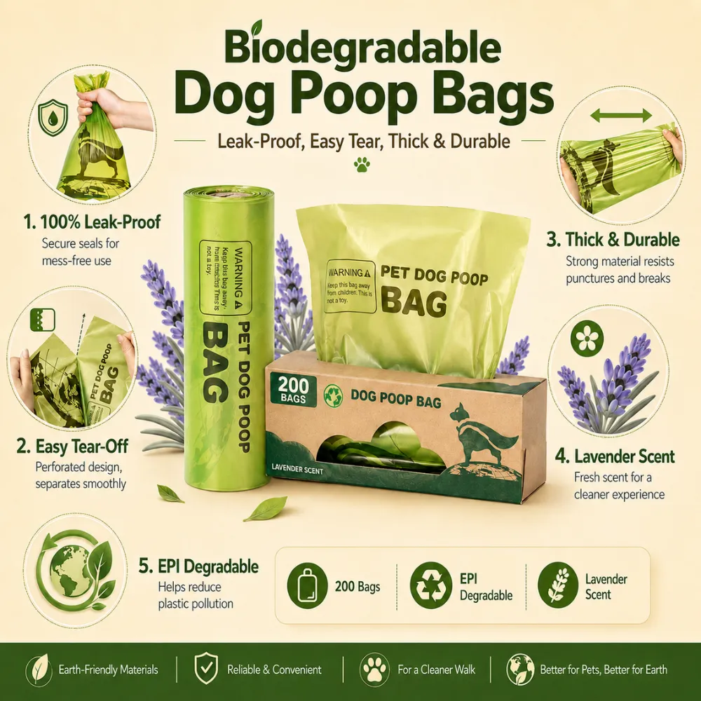 Pet owner using biodegradable dog poop bag to clean up after dog during outdoor walk in residential neighborhood