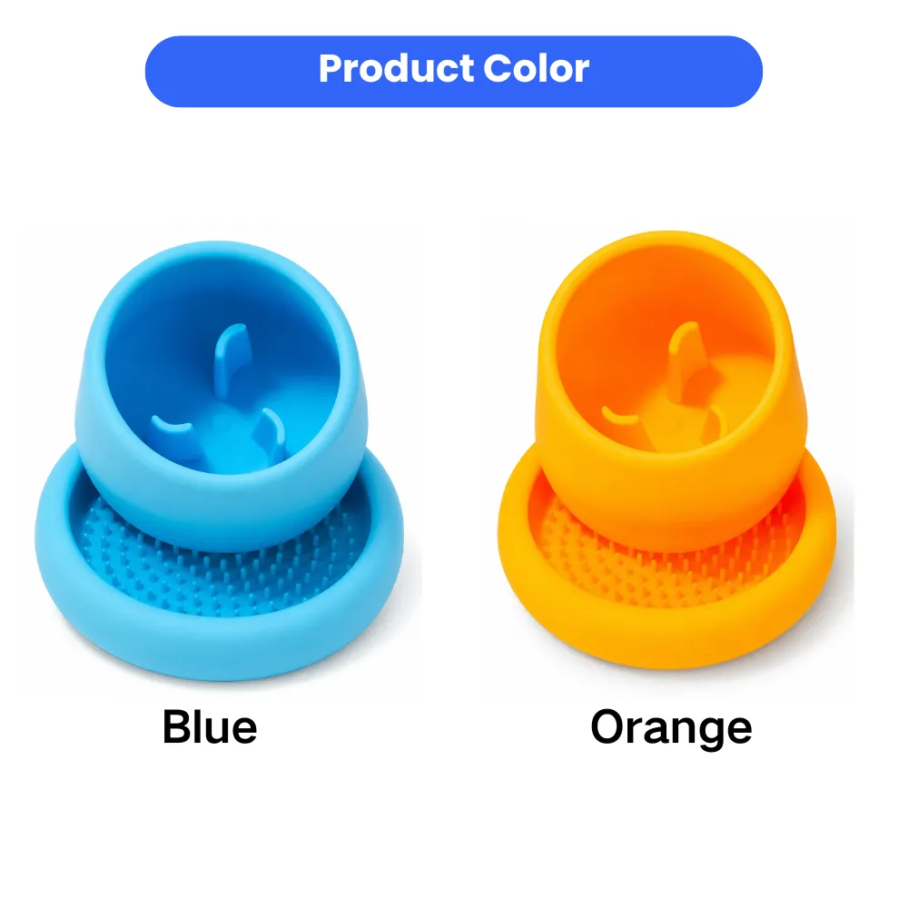 Slow feeder dog bowl product showing blue and orange color options with anti gulping design