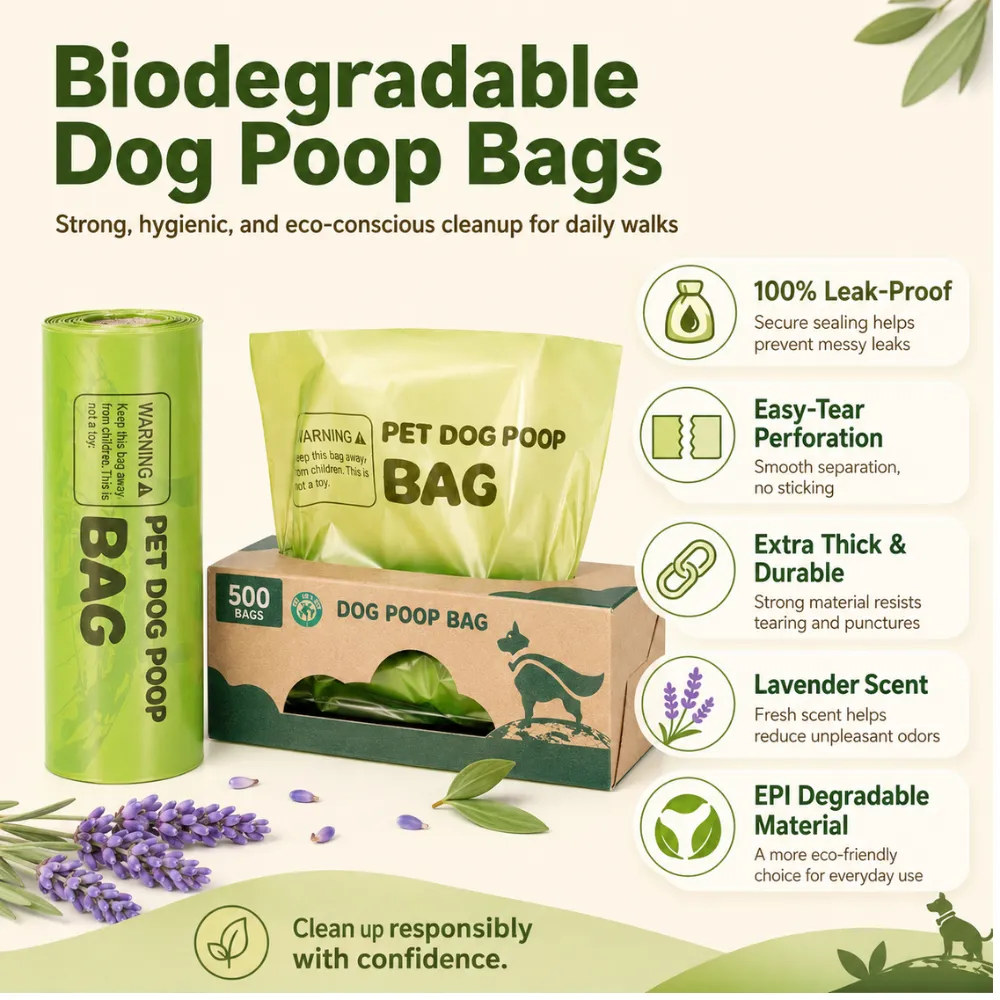 Biodegradable dog poop bags packaging infographic showing leak-proof, durable, lavender scent and eco-friendly features