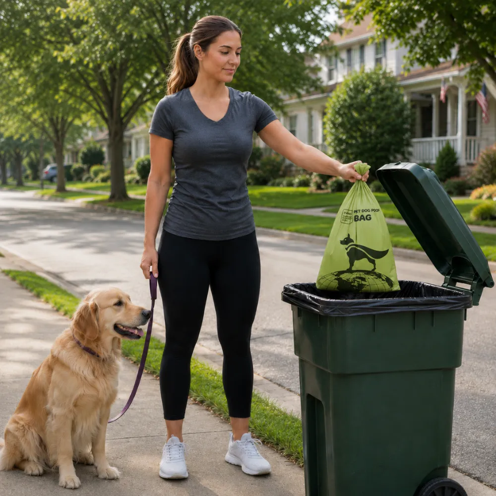 Infographic showing biodegradable dog poop bags features including leak-proof, durable, easy tear and lavender scent