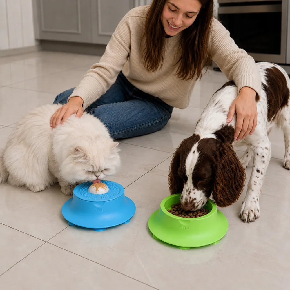 Dog and cat using silicone slow feeder bowls on kitchen floor with owner interaction indoor feeding lifestyle scene