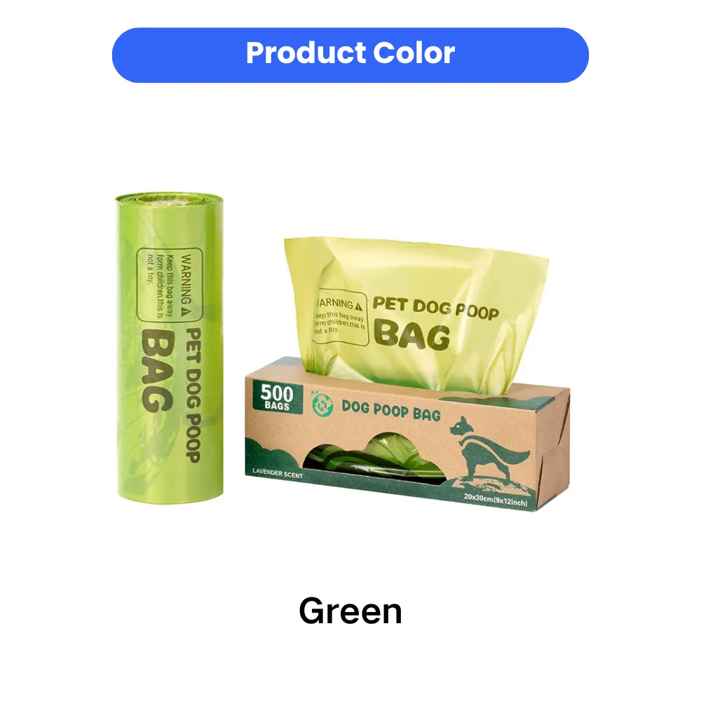 Green color biodegradable dog poop bags roll and box packaging product variant display