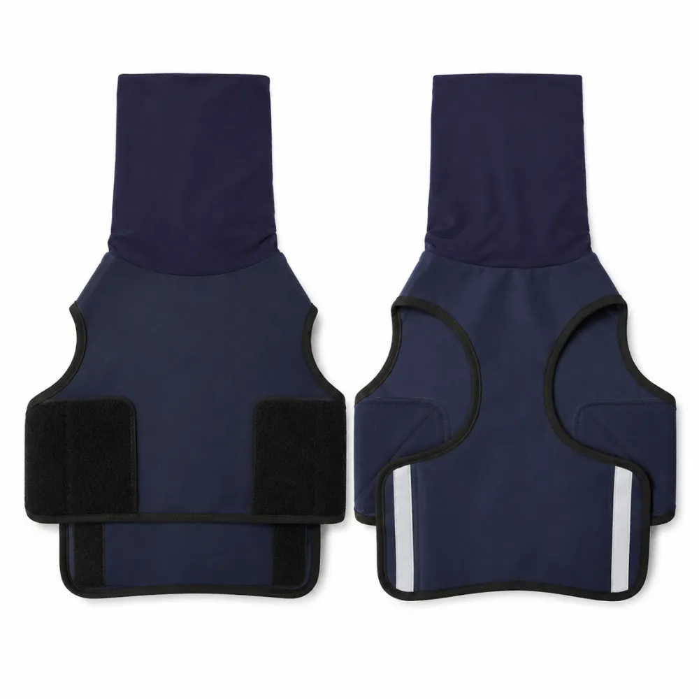 Blue dog calming vest front and back view reflective strips breathable mesh anxiety wrap pet calming apparel wholesale