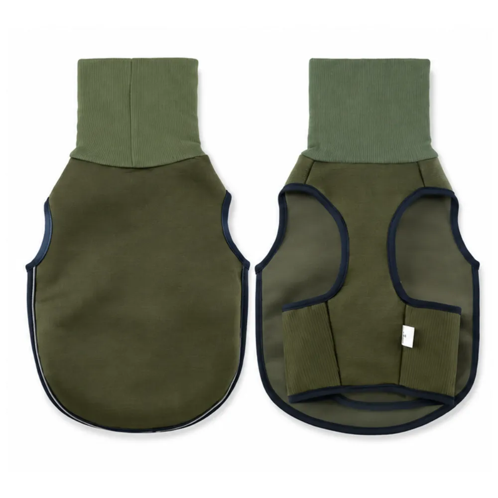 Olive green dog calming vest flat lay front and back view showing full product structure