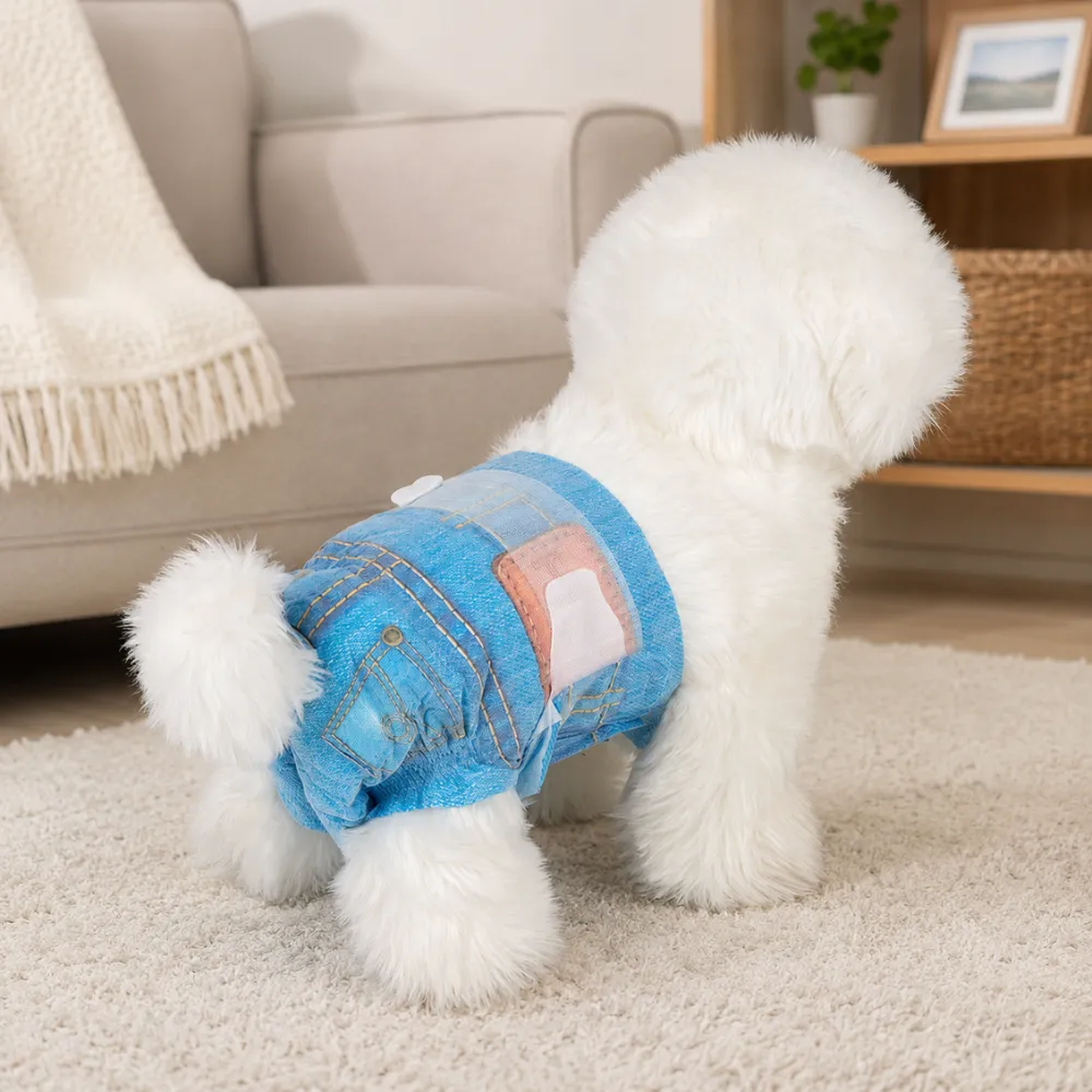 small white dog wearing blue disposable female diaper indoor living room comfortable leak proof pet diaper use