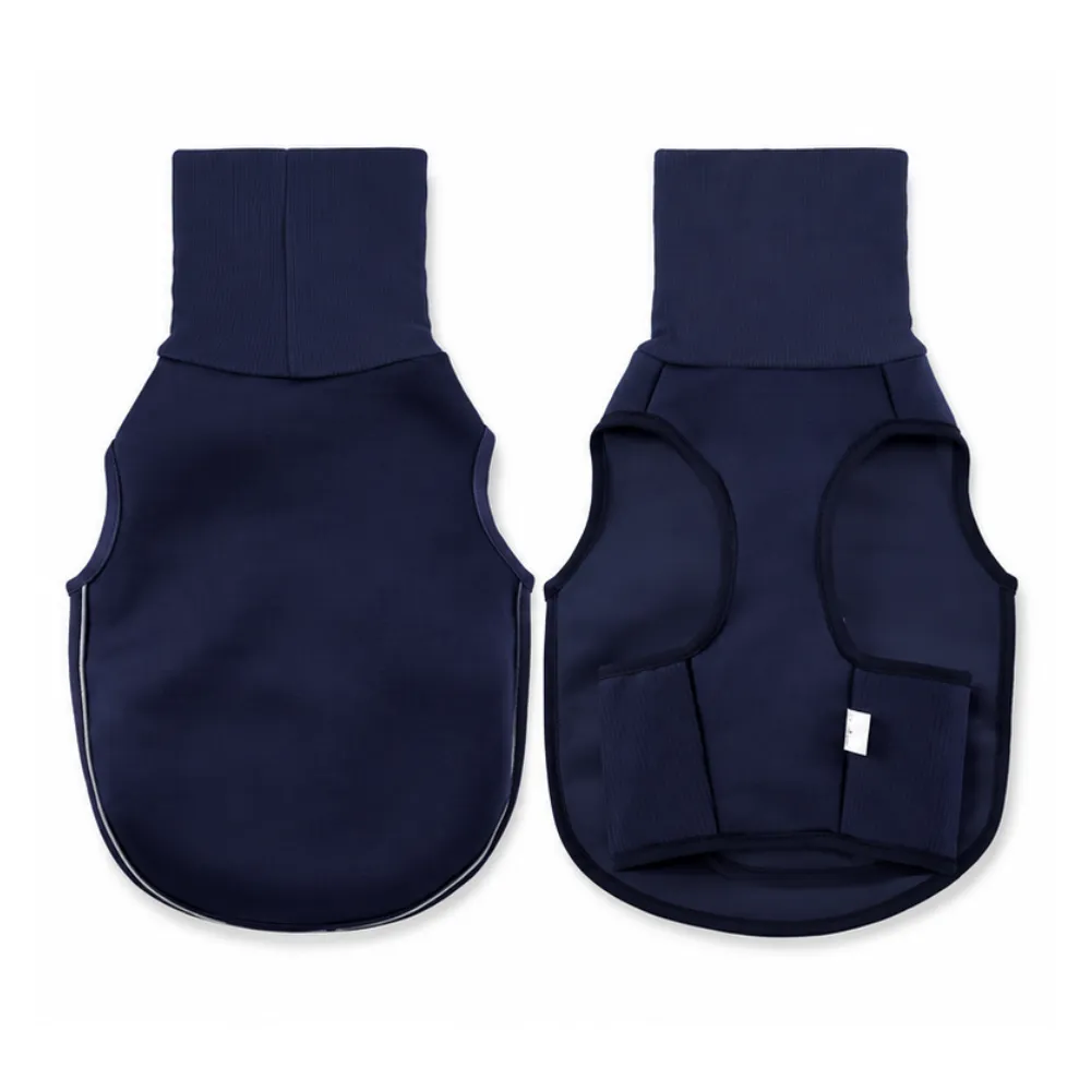 Navy blue dog calming vest front and back view with adjustable calming design