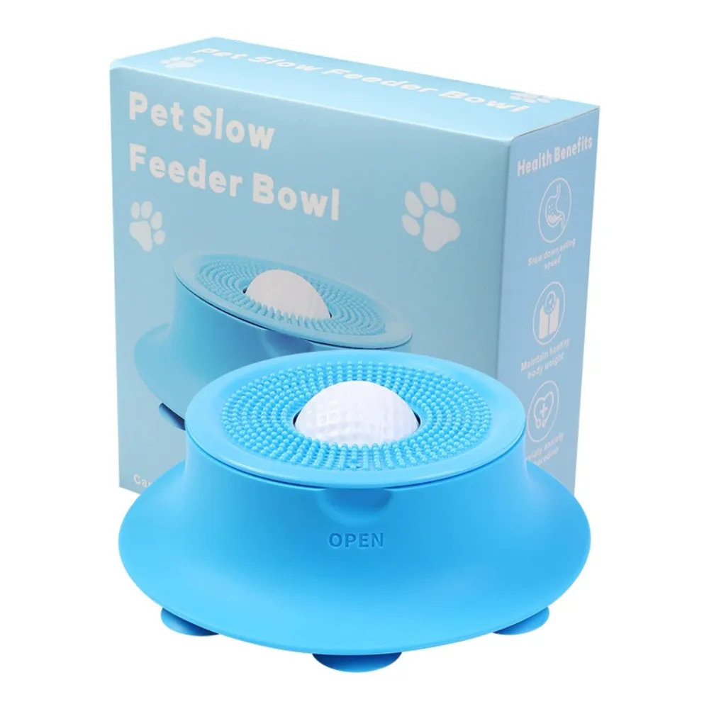 Blue silicone slow feeder bowl with retail packaging box showing product branding for wholesale pet supply buyers