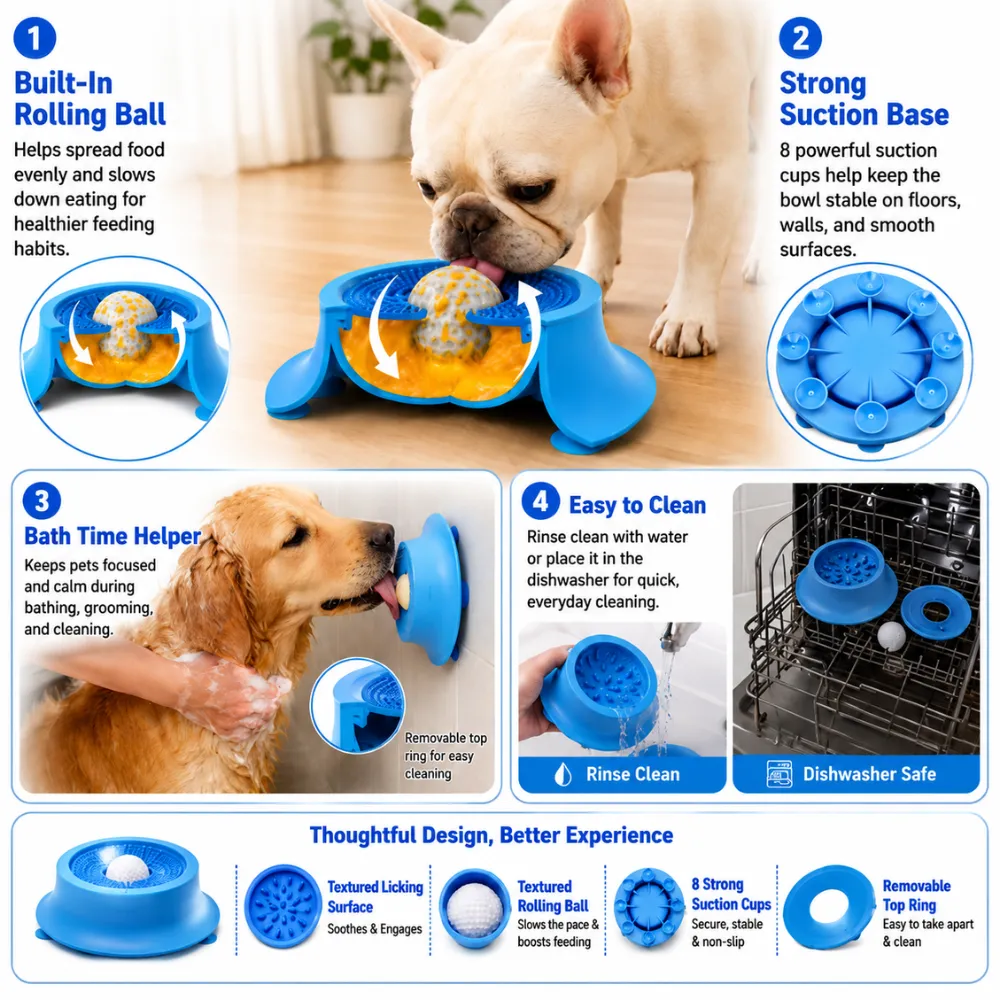 Close up blue silicone slow feeder bowl with textured licking surface and anti slip base for dogs