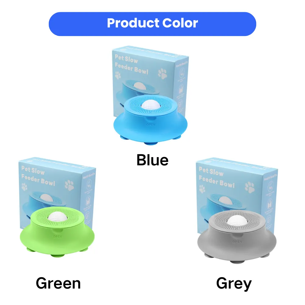 Slow feeder bowl in blue green and grey colors for dogs, silicone anti slip pet feeding bowl color options