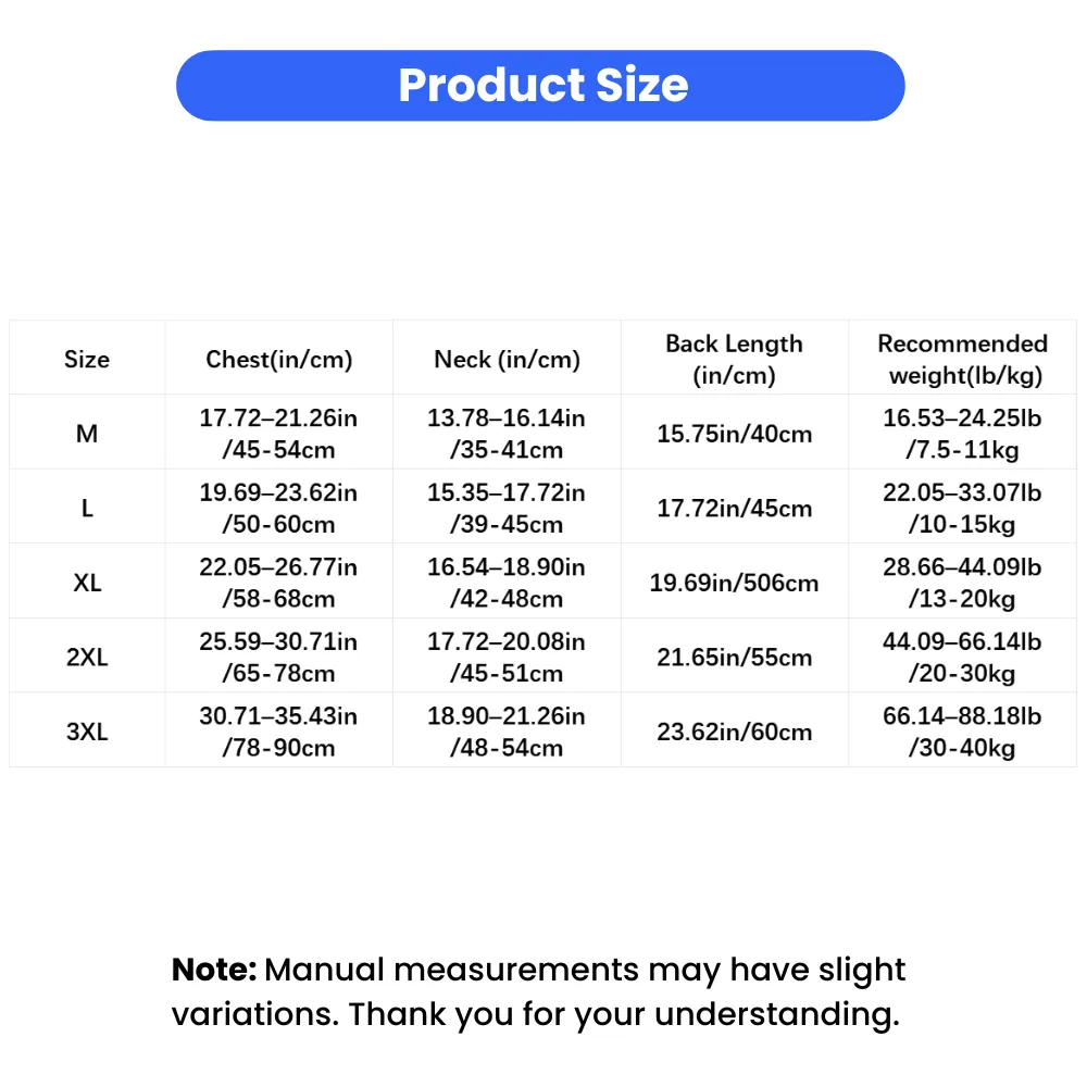 Dog calming vest size chart showing chest neck back length and recommended weight for M L XL 2XL 3XL sizes