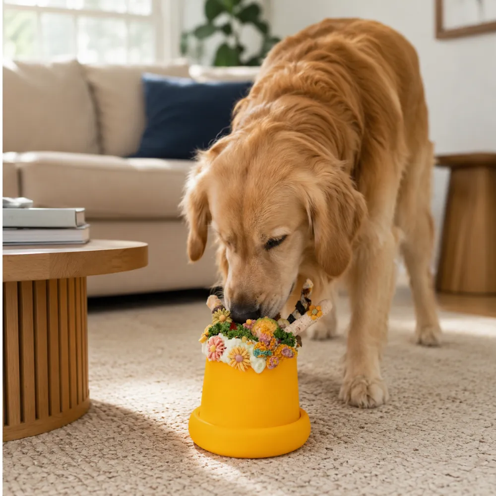 Golden retriever eating from orange slow feeder bowl in a living room home environment