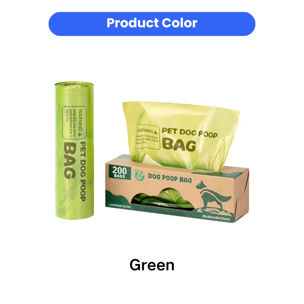 Green color variant of biodegradable dog poop bags roll packaging, eco-friendly pet waste bags for dogs