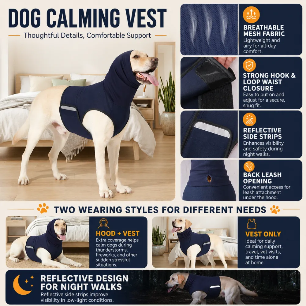 Dog wearing calming vest indoor home environment showing anxiety relief hoodie design breathable mesh reflective strips hook and loop closure