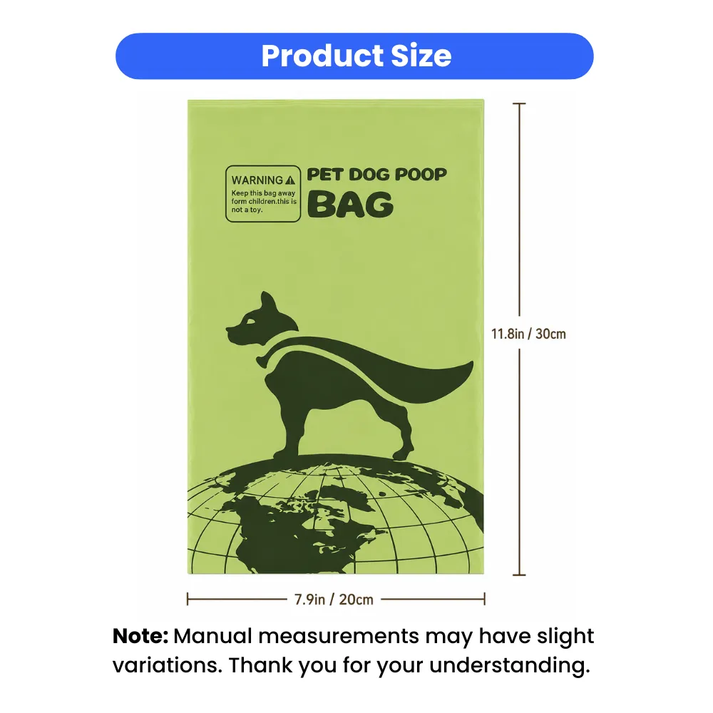 Dog poop bag size chart showing 20x30cm dimensions and product measurements for biodegradable pet waste bags