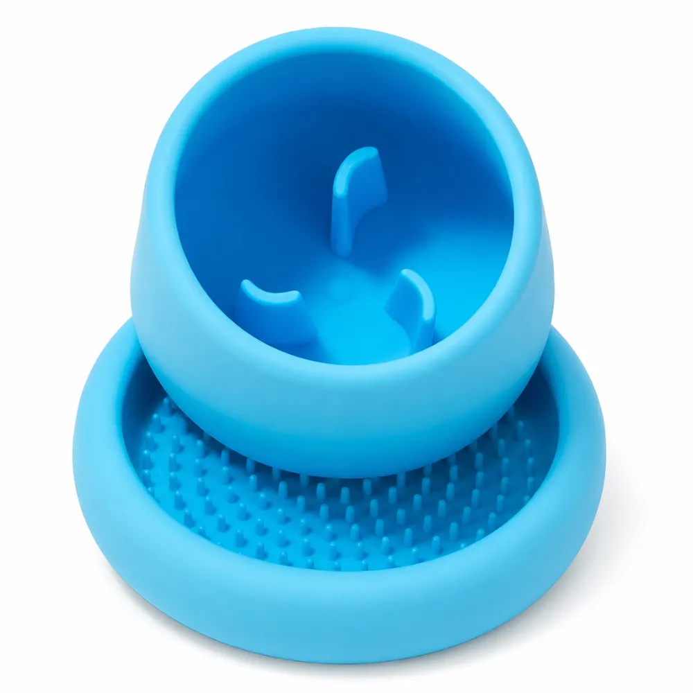 Blue silicone dog slow feeder bowl with raised ridges for anti gulping and digestion support