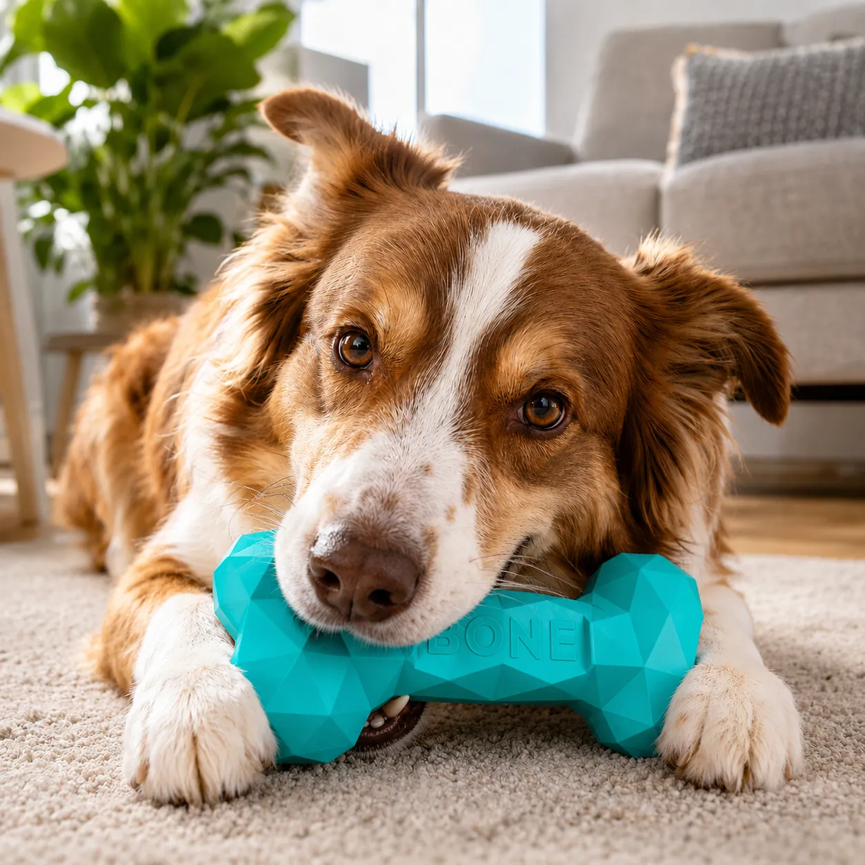 Dog chewing a turquoise durable bone toy on a carpet in a cozy living room, suitable for pet stores and aggressive chewers.